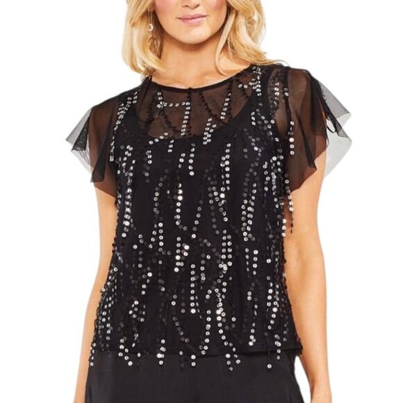 Vince Camuto Black sequin top, New mesh sequin fringe flutter sleeve top - Picture 1 of 8
